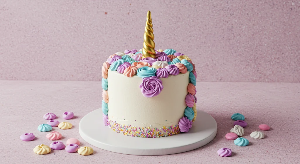 Enchanting Unicorn-Themed Cake with Pastel Decorations