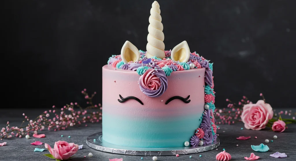 Dreamy Pastel Unicorn Cake with Elegant Floral Accents