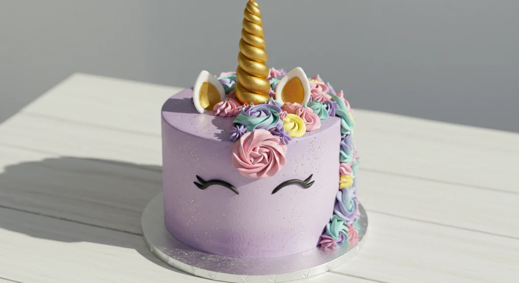 Elegant Lavender Unicorn Cake with Golden Accents