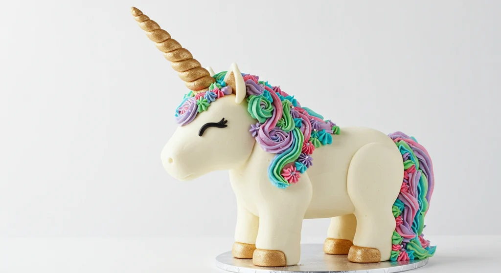 3D Unicorn Cake with Golden Horn and Colorful Mane