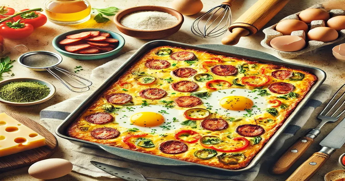 A delicious gluten-free breakfast casserole with eggs, sausage, cheese, and vegetables, baked in a pan and surrounded by fresh ingredients on a rustic kitchen counter.